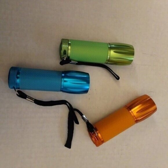 Set Of 3 Mini LED Flashlights With Wrist Straps In Green Blue & Orange Aluminum - Picture 1 of 4